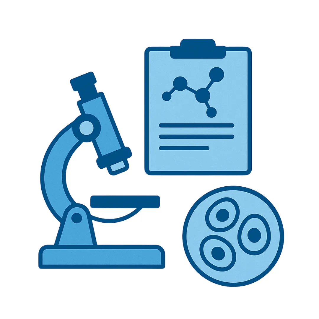 Illustration of a microscope, lab report and cell sample representing vivoPHIX research applications